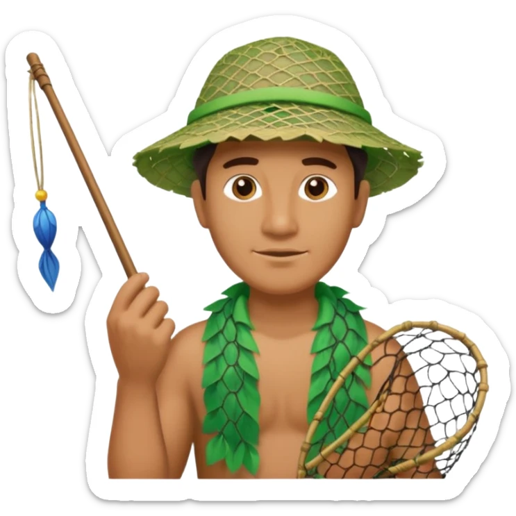 Hawaiian man with leaf hat and big fishing net and colorful cloth sticker