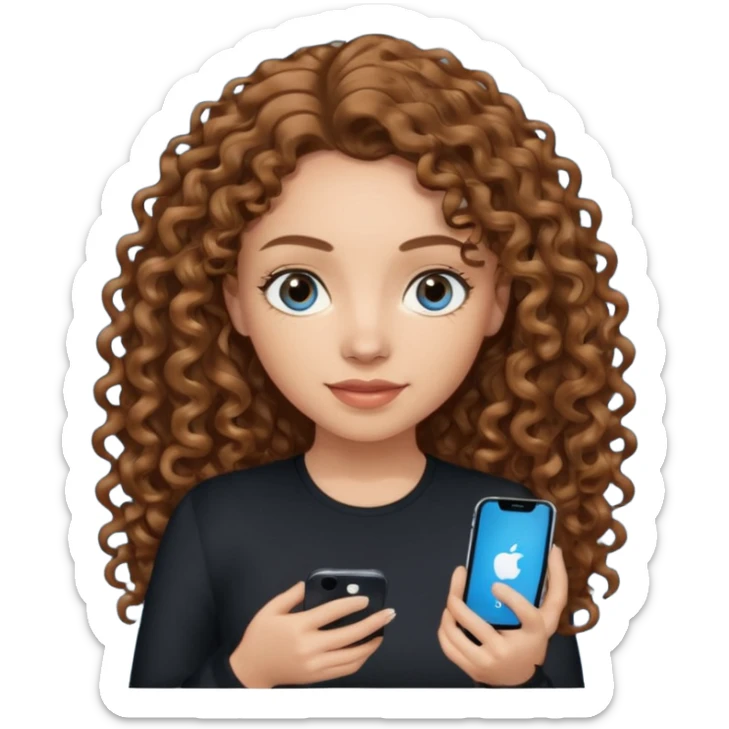 generate a pretty woman with blue eyes, light skin and medium brown long curly shiny hair holding an iphone she is looking at the phone and holding it in her hand. she is wearing an ALL black long sleeve sticker