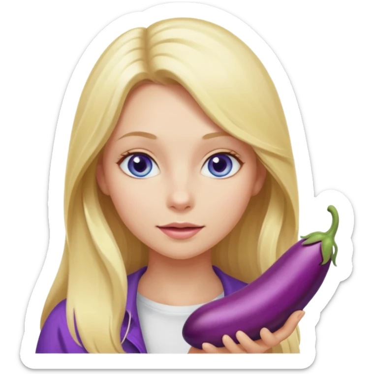 Blonde long hair girl, blue eyes, eating an eggplant sticker