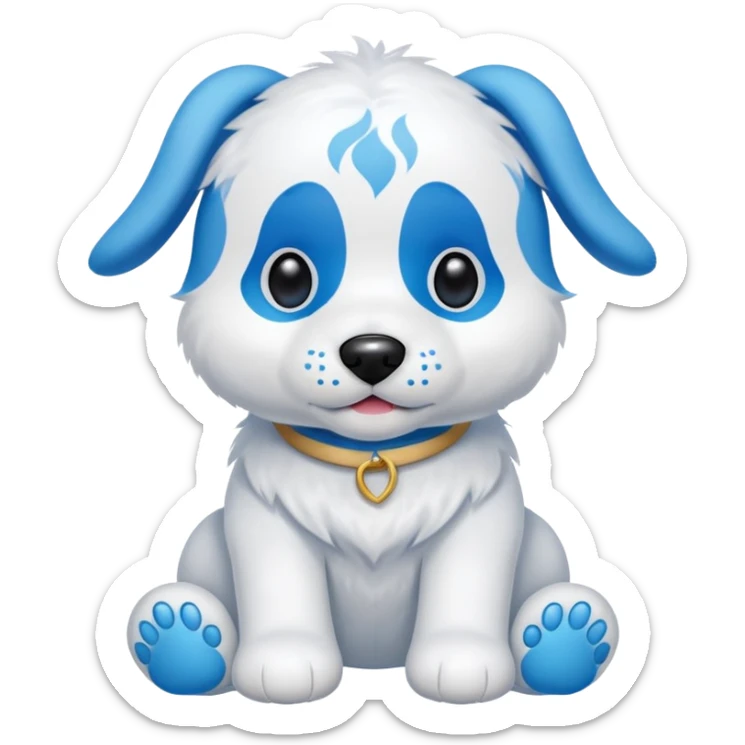 A stuffed animal dog with a blue nose white ears with blue inside the ears blue feat sticker