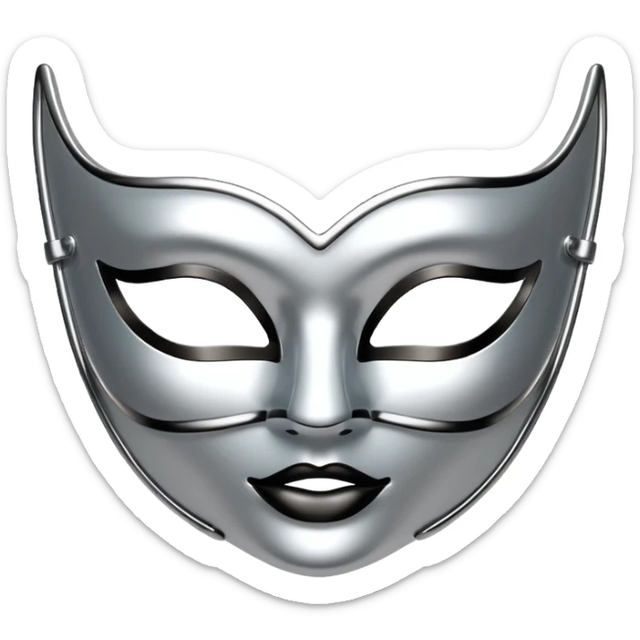 A sleek masquerade mask emoji made of polished silver chrome, smooth sensual curves, reflective metallic surface, mysterious sexy luxury vibe, minimal iOS emoji style, centered, clean white background sticker