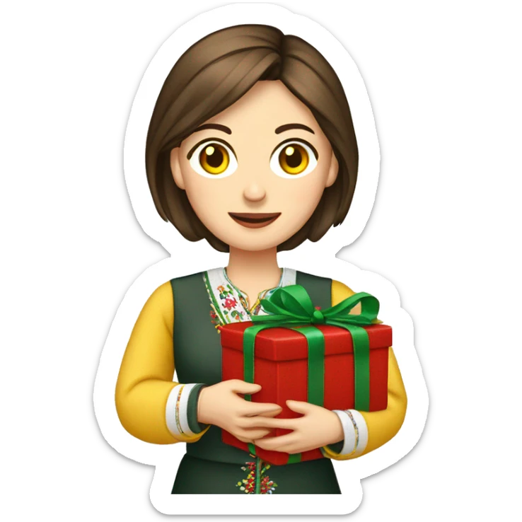 A female teacher in Ukrainian embroidery holds a gift in her hand sticker