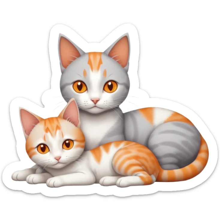 full body of a grey and white cat cuddling a very small + skinny ginger and white kitten with deep orange eyes and triangular shaped face lying down sticker
