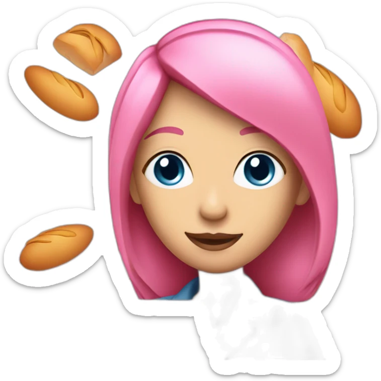lady with pink Hair and Blue eyes holding a baguette and a laptop sticker