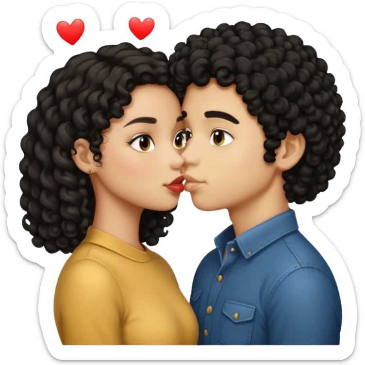 a light skin girl with medium black curly hair and a light brown boy with medium length black hair kissing emoji sticker