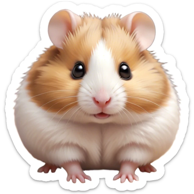 Cinematic Cute Brown and White Banded Hamster Portrait Emoji, Head tilted playfully and inquisitively, showcasing a fluffy coat with playful brown and white banded patterns, round, sparkling dark eyes filled with curiosity, Simplified yet irresistibly adorable features, highly detailed, glowing with a warm, friendly glow, high shine, affectionate and lively, stylized with a touch of whimsy, bright and endearing, soft glowing outline, capturing the essence of a mischievous yet loving hamster, so playful it feels like it could dash out of the screen and into your arms! sticker