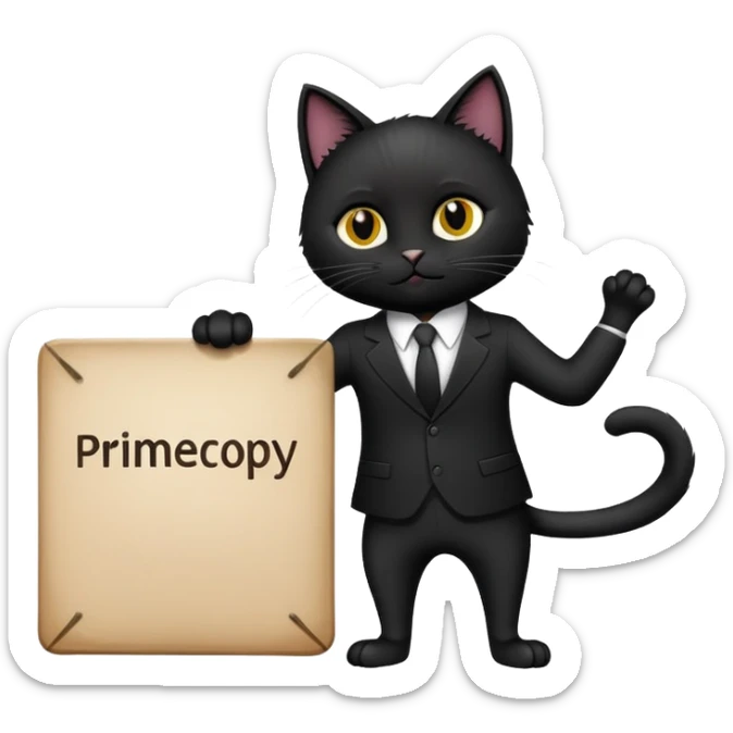 A black cat in a black business suit holds a sign that says "PrimeCopy" sticker