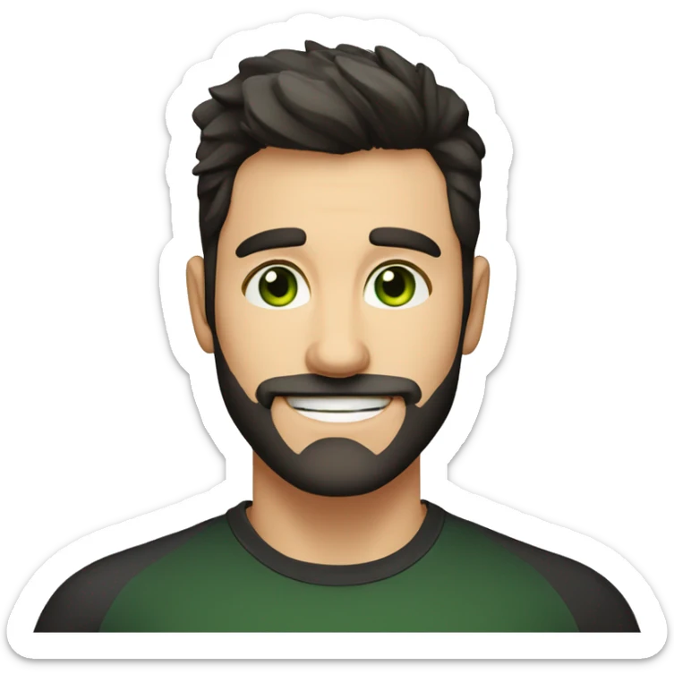Handsome man with dark hair, gradient short hair on the side, green eyes. Big smile and thin face. Black t-shirt. A little beard sticker