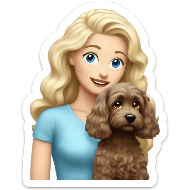 blue eyed old long haired blonde lady with dark brown Cockapoo puppy dog sticker