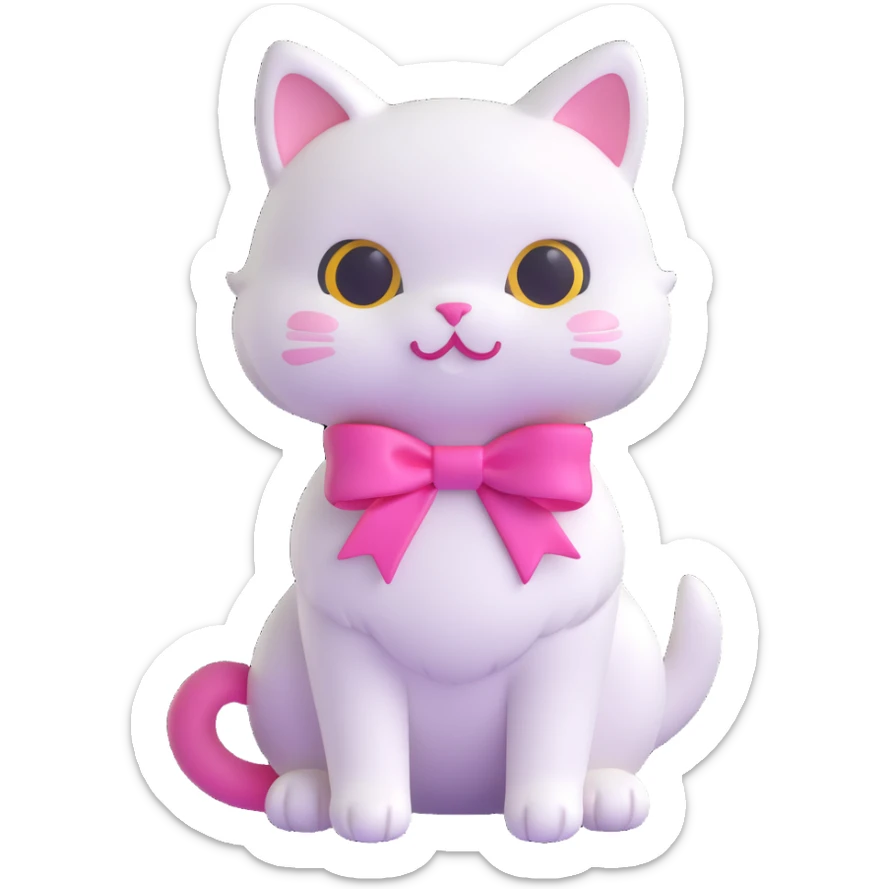 cute white cat with a pink ribbon sitting among tall green grass and white flowers, soft rounded playful appearance, inspired by reference image, 3D emoji style sticker