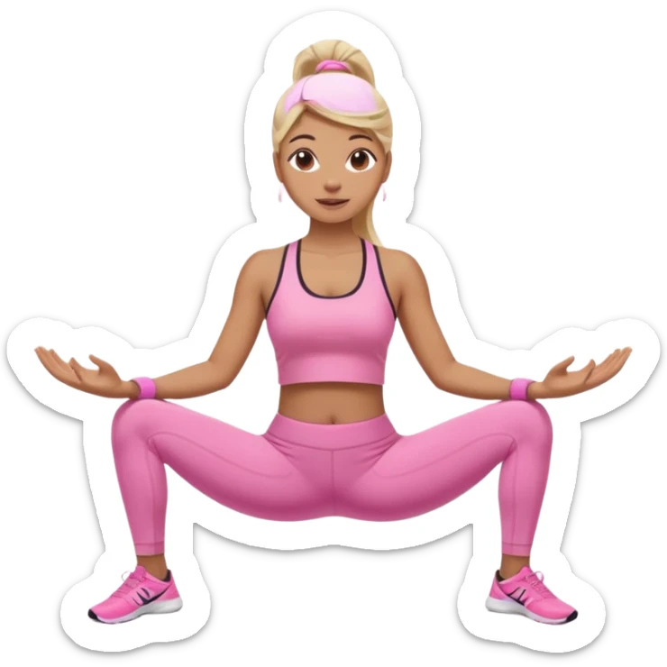 Mujer color de piel moreno claro con cabello rubio suelto y lacio, que tenga gloss en los labios y se vea usando Blush rosita, usando un top rosa deportivo y leggins deportivo rosa en una pose de yoga, viendo hacia enfrente con ojos negros y sonriendo sin mostrar los dientes sticker