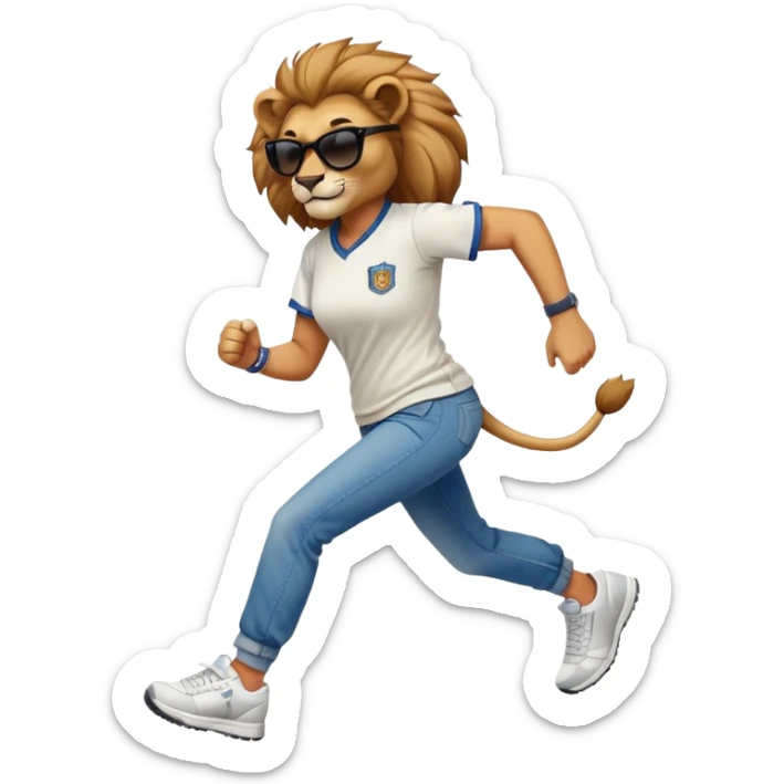 confident female lion jogging upright wearing baseball shirt, jeans, trainers, dark sunglasses, friendly expression sticker