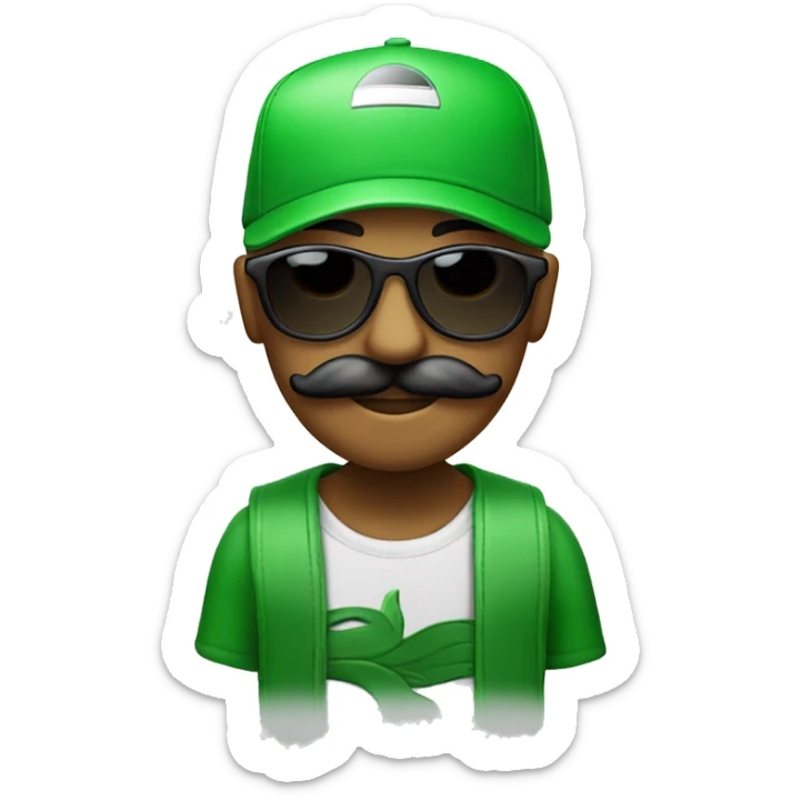 The face of  amen with mustache and with a sunglases and a cap green  sticker