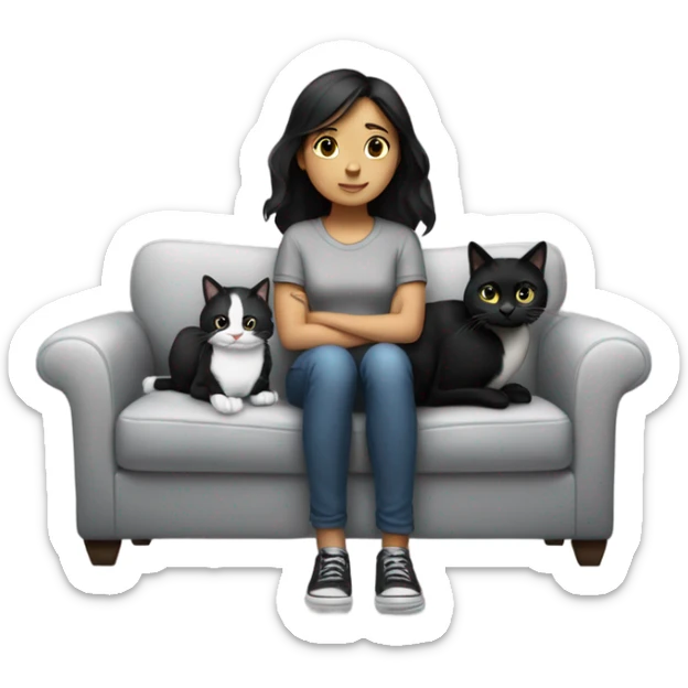 dark haired girl sitting on couch with a black and white cat in her lap sticker
