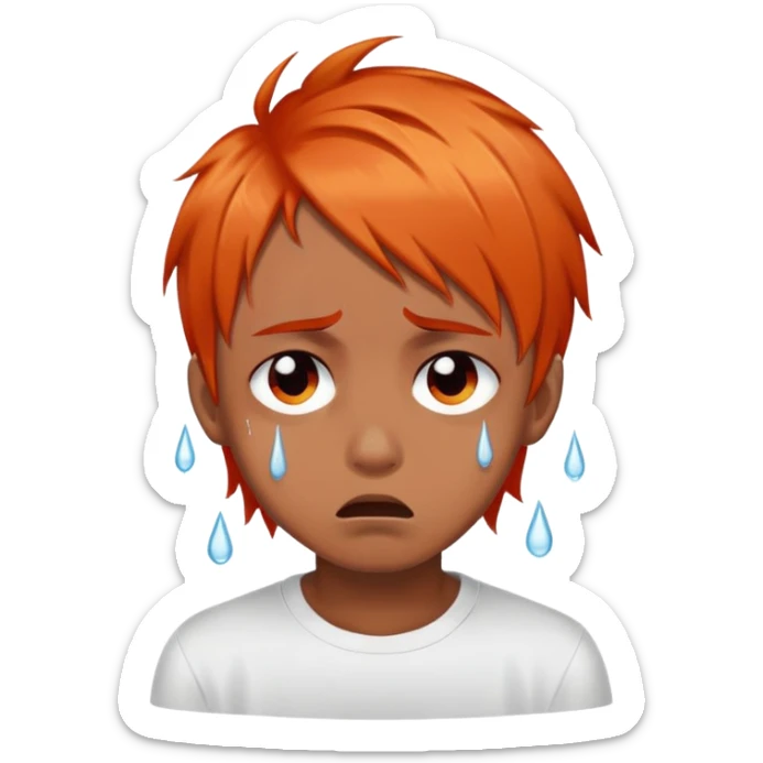 brownskin boy with emo orange hair, red and black eyes, crying white tears sticker