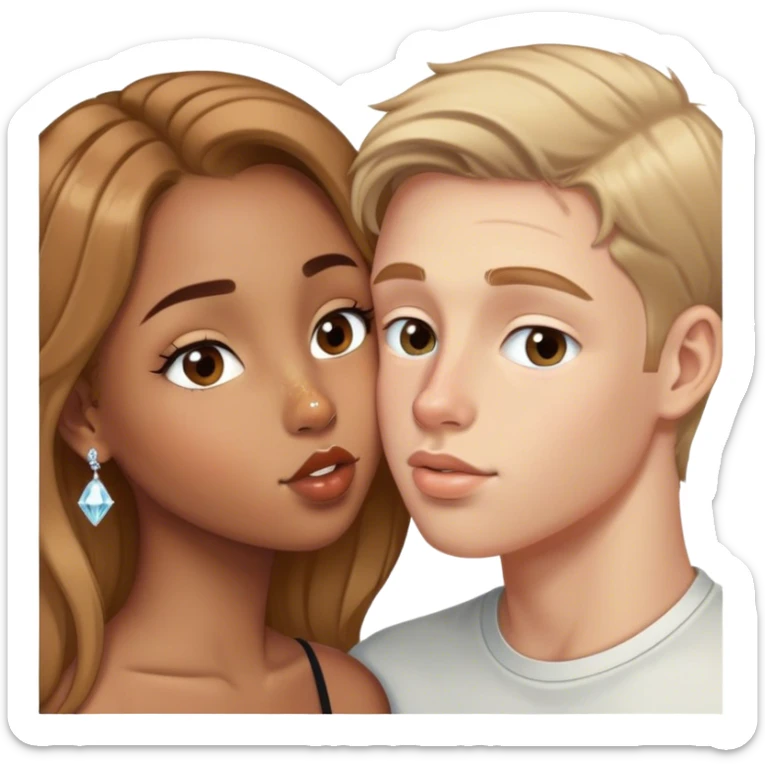 Biracial girl with a diamond nose ring kissing white boy with light brown hair sticker
