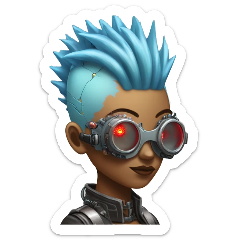 Light blue Mohawk hair female cyborg head with red steampunk goggles and circuits sticker