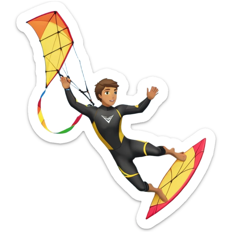 A kite surfer soaring above the waves, holding onto a kite with the wind in full force. The background showcases the ocean and sky, emphasizing the freedom, thrill, and energy of the sport. The motion of the kite and board is dynamic, capturing the excitement of kiting. sticker