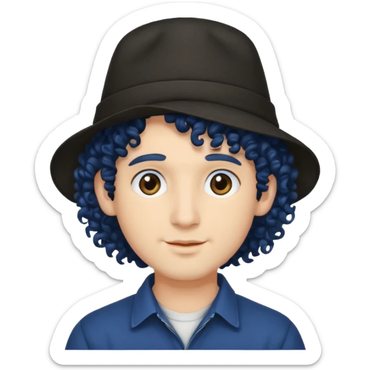 dark blue haired man curly hair and big earrings and and hat wearing sticker