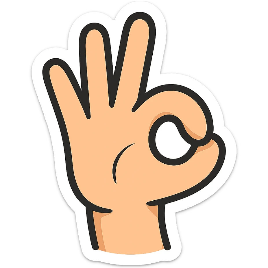 a cartoon-style hand in the 👌 pose, but the index finger is curled tightly downward like a hook, with the thumb resting over it (not making a circle), and the other three fingers extended upright, transparent background sticker