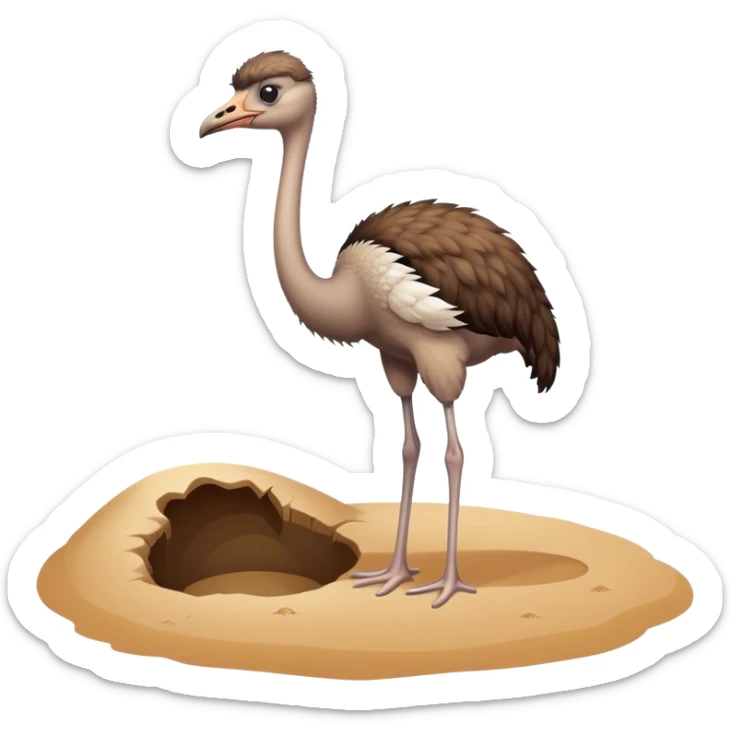 An ostrich standing next to a hole, with their head in the hole in the sand. sticker