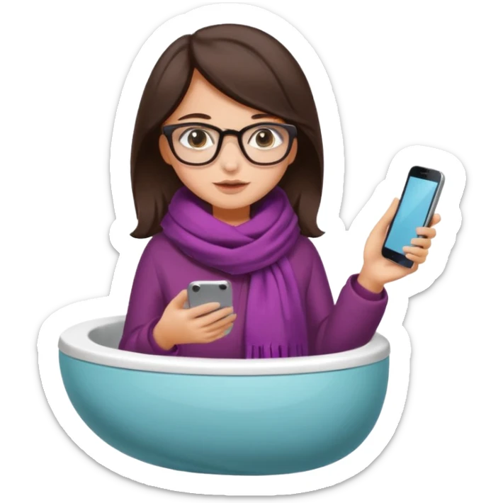 Fille châtain foncé avec lunettes. Elle porte une grosse écharpe. Elle est dans une cuvette de toilette. Téléphone en main sticker