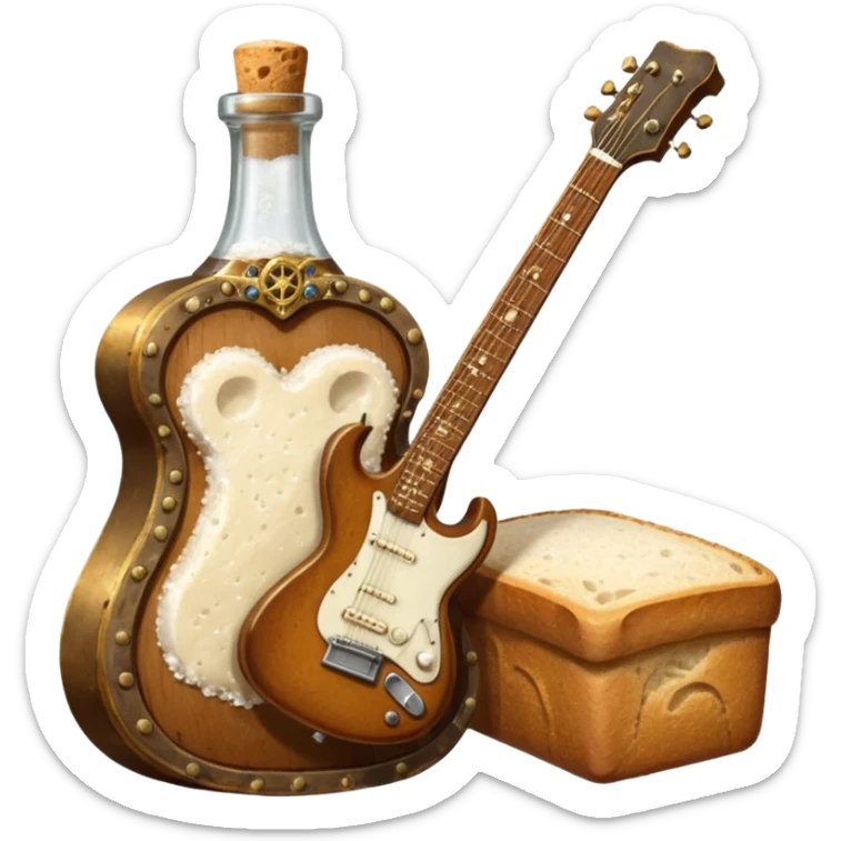 steampunk - a bottle of salt (salt shaker) and a loaf of  bread with a small SG Gibson electric guitar sticker