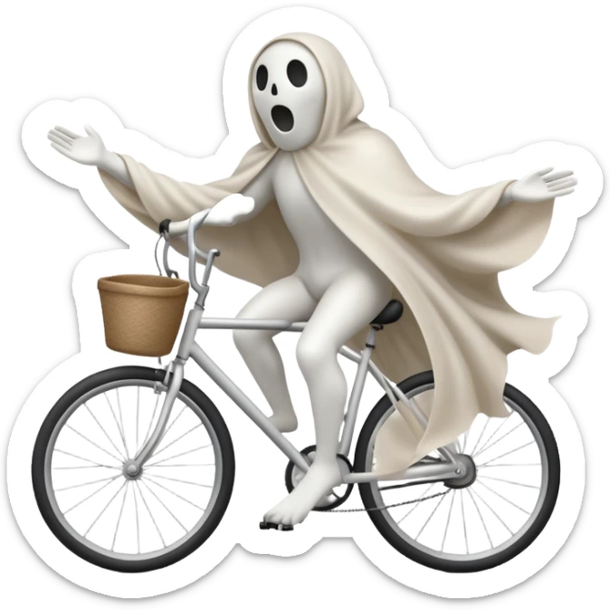 Ghost on bicycle, 3d pictograph, full body, male, arms covered with cloth and invisible sticker