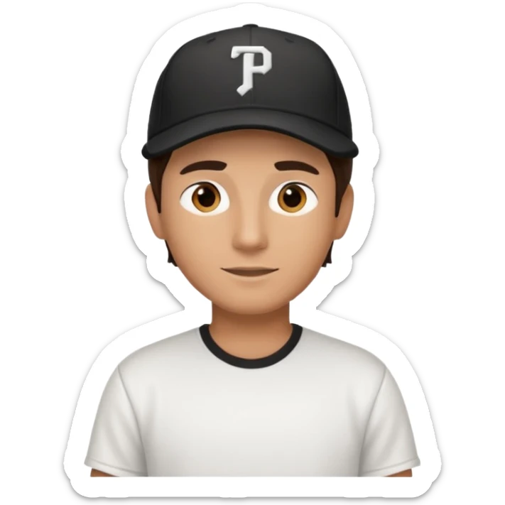 Male brunette movie producer black baseball hat white tshirt  sticker