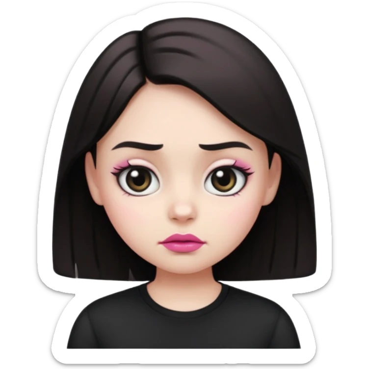  Girl emoji with round face, white skin, sharp eyebrows, frowning face, black shirt, pink lips, and big eyes  sticker