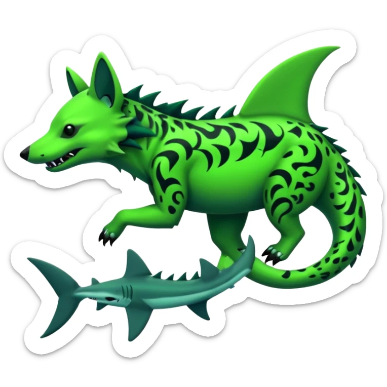 Edgy cool badass Neon-green landhai-sergal-hyena, with a shark tail, with black and dark-green swirly patterns markings sticker