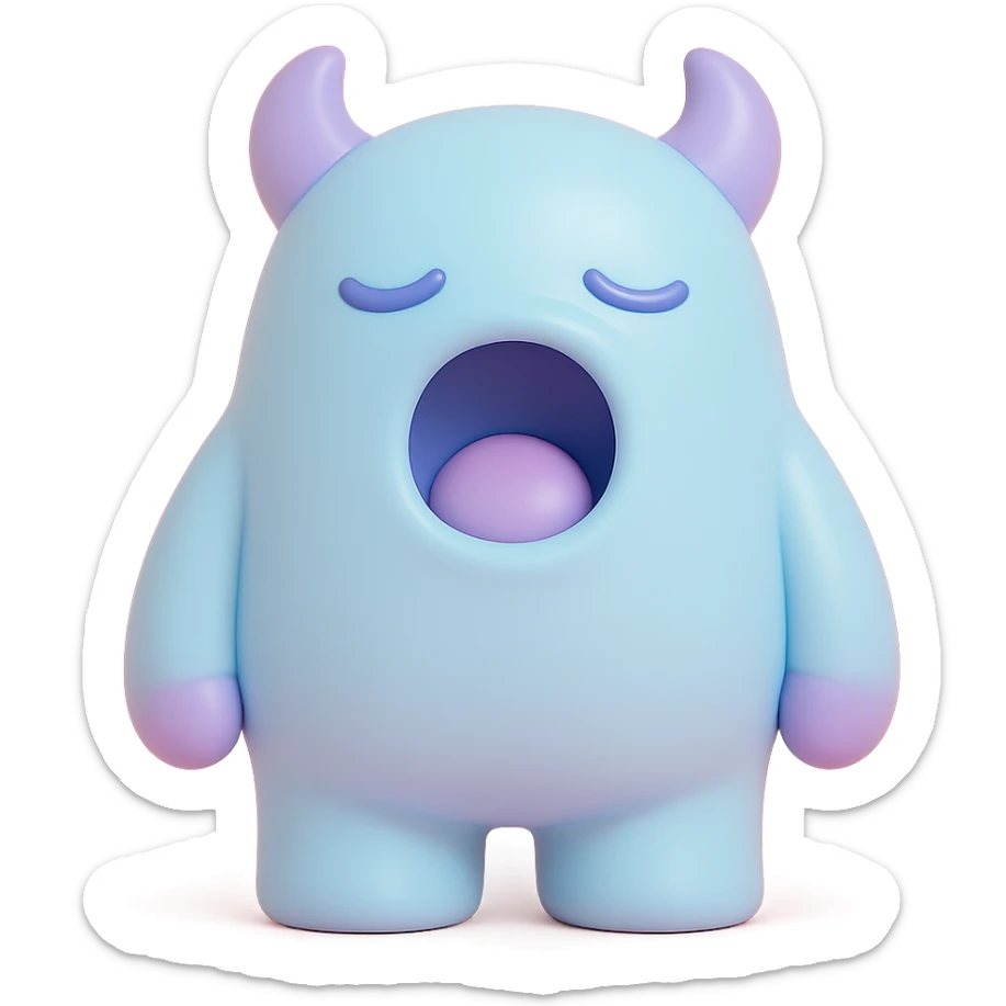 sleepy monster with half-closed eyes yawning, soft blue and lavender colors, toy-like vinyl figure style sticker