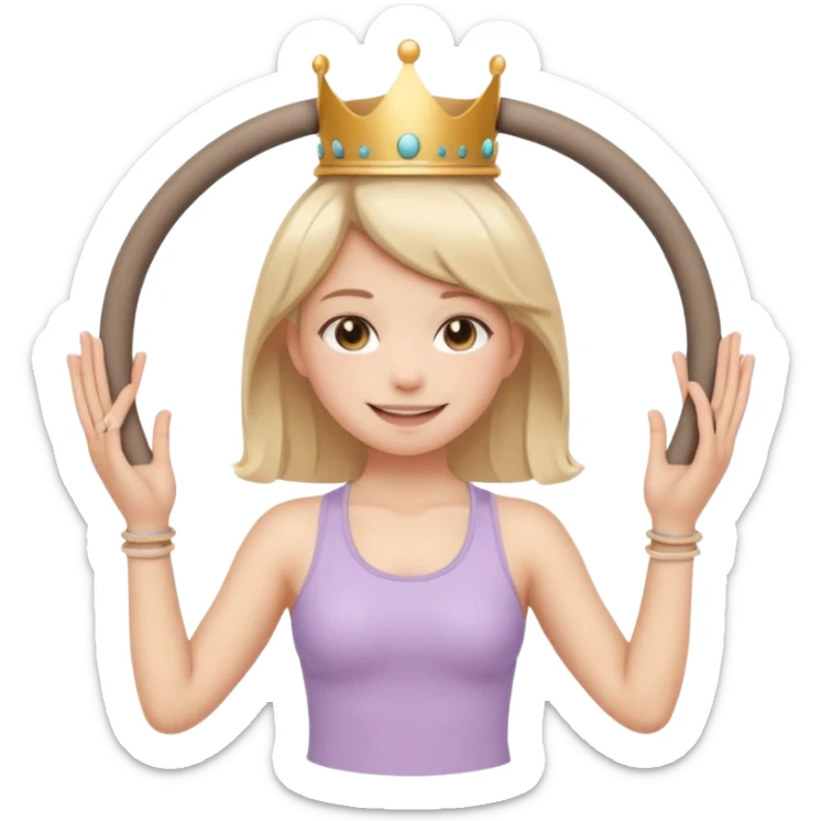 Cute emoji sticker of a girl holding a Pilates ring (magic circle) with both hands, squeezing it. She is smiling, wearing a tiny crown and beige activewear. Pastel accents, kawaii style, clean white outline, transparent background. sticker