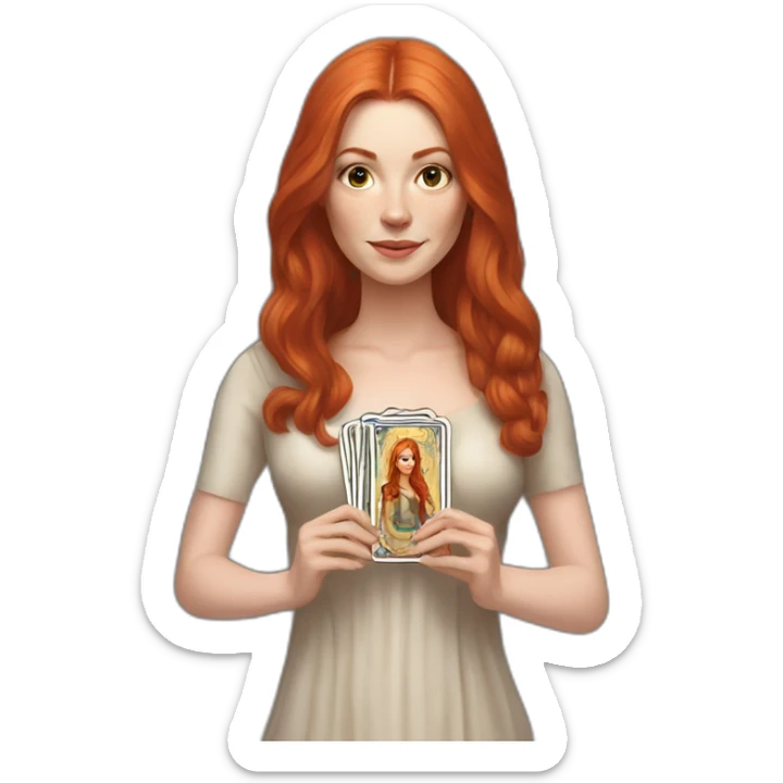 redhead white woman medium long straight hair, holding a tarot card in her hand sticker