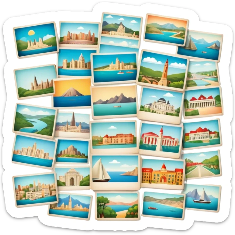 Icon for Postcard Collecting: a collection of colorful vintage postcards, featuring scenic views, landmarks, and greetings, arranged neatly in an album or on a display board. The icon should convey the charm and nostalgia of postcard collecting. Transparent background. sticker