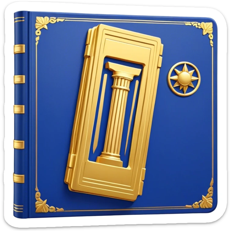 A golden yellow book with royal blue accents, smooth and polished, embossed with a symbol of six pillars, a sun, or a glowing mirror, radiating strength, confidence, and the power of self-worth.  sticker