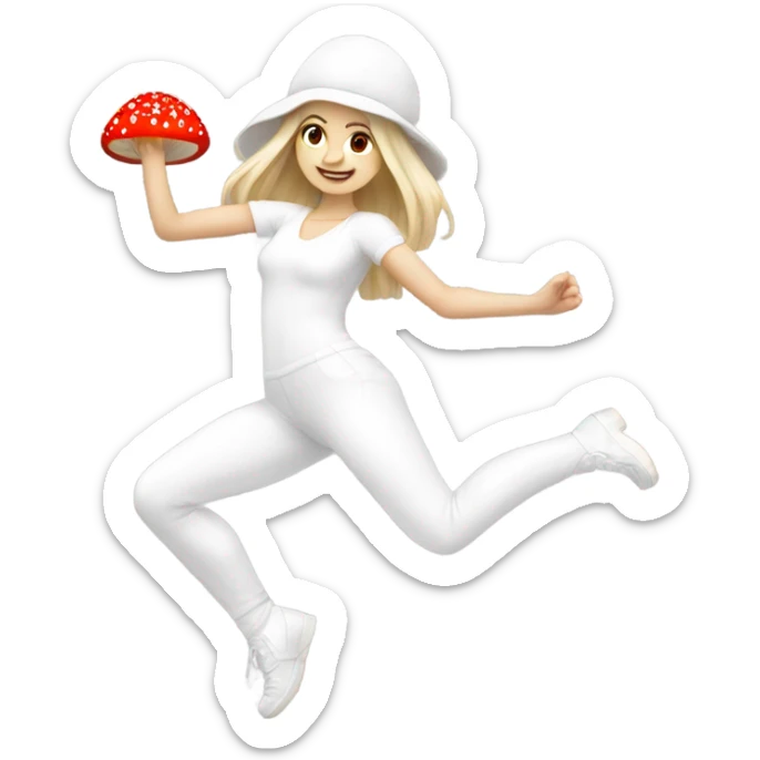 White Girl wearing an all white dancing outfit dancing with a red and white mushroom  sticker