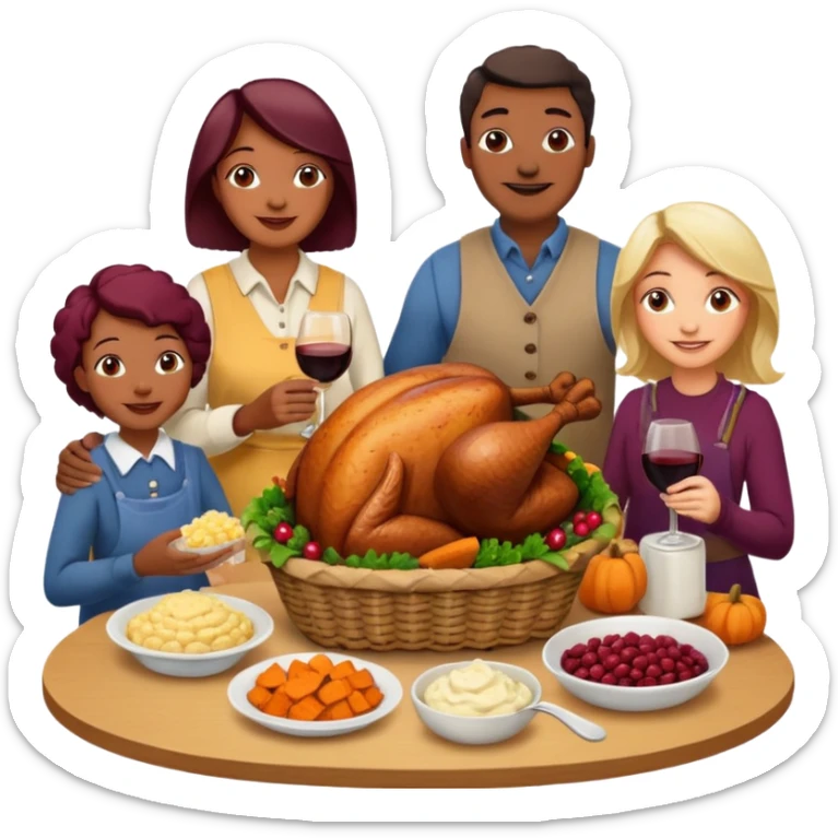 Thanksgiving Dinner with 10 people of different skin color around the table; have the food be a cooked turkey, mashed potatoes, corn, a basket of biscuits, a small bowl of cranberry sauce, baked yams, steamed vegetables, and a bottle of wine. sticker