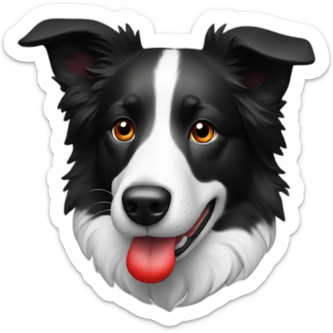 A black and white border collie with an skewed to the left white spot on his head and a red plaque on his collar sticker