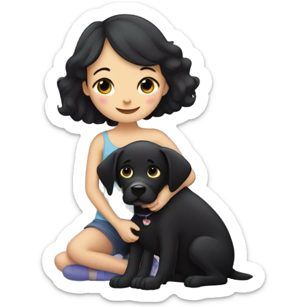 Old black Labrador dog cuddling with girl with black hair sticker