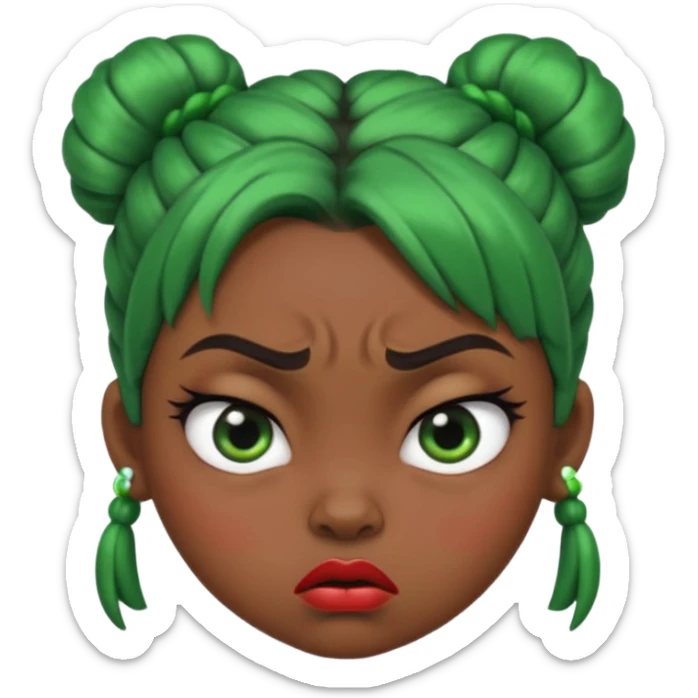 Create a 3D cartoon-style girl character with dark skin, round face, angry expression, big wide eyes, and tightly styled double buns made of green beaded hair. The girl should look irritated, eyebrows sharply angled, and lips pressed in a frown. sticker