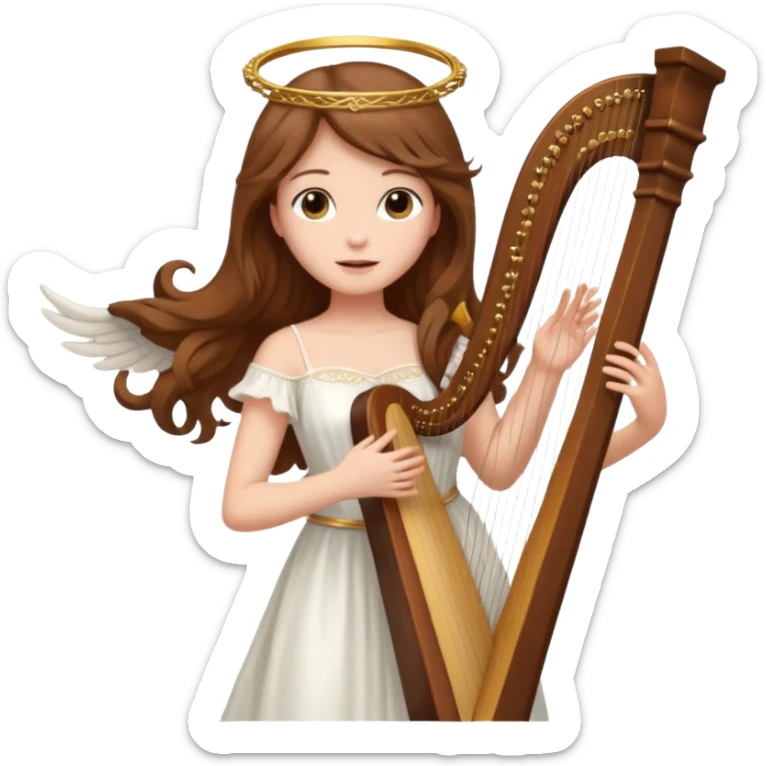 Female angel holding harp with flowing brown hair sticker