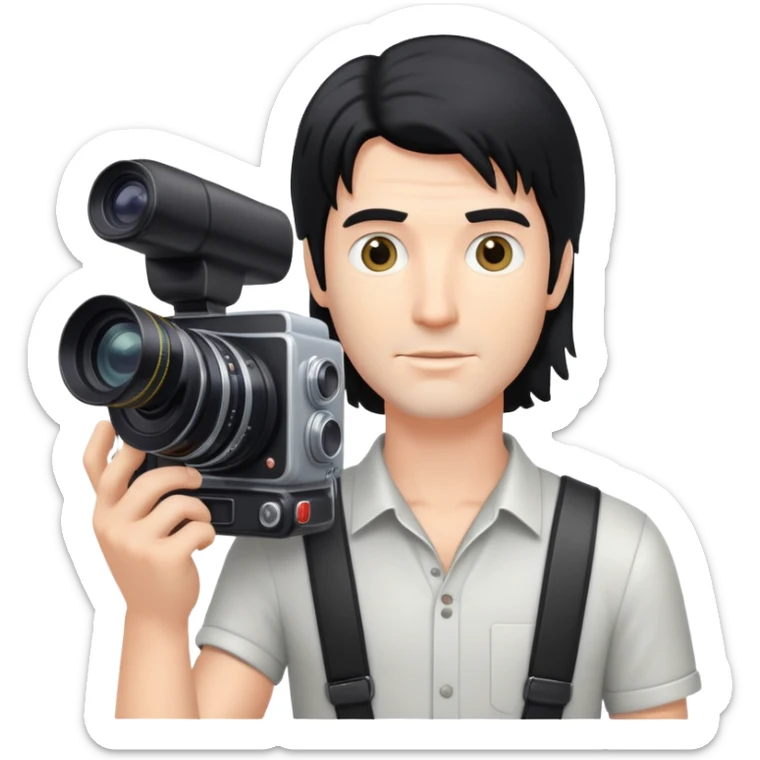 a white man with black mullet hair holding a foto camera sticker