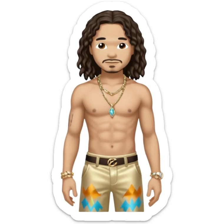 Bizzy Bone with long dark brown hair, light tan skin, shirtless with necklace, metallic cream pants sticker