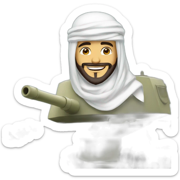 prince from Saudi Arabia with a beard in a white  shemagh national headdress riding  on a tank, smiling sticker