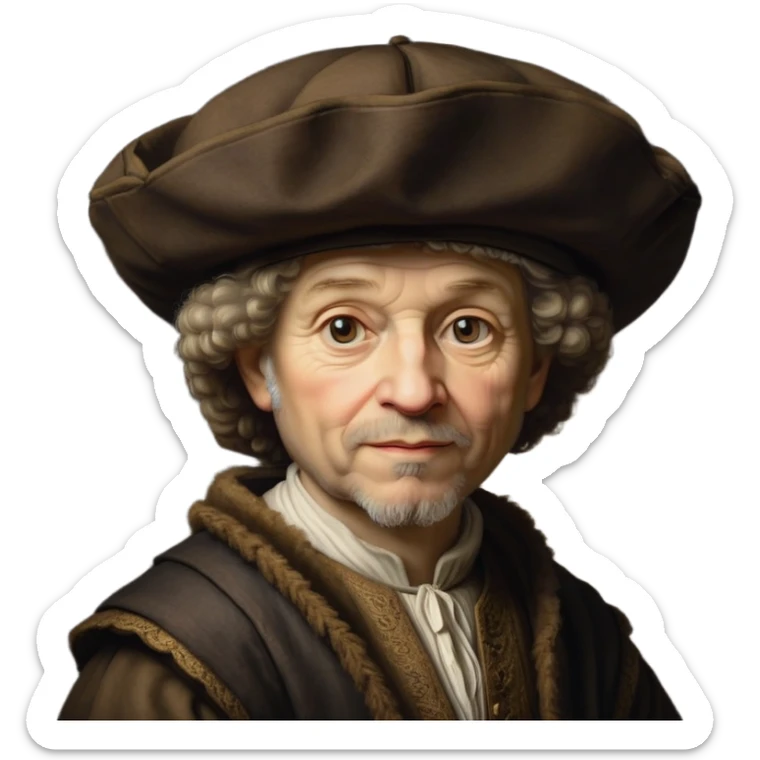 emoji of rembrandt,-shown-as-a-master-artist-with-deep,-introspective-eyes-and-richly-detailed-period-clothing,-rendered-with-dramatic-chiaroscuro-lighting-that-emphasizes-his-legacy brown puffy hat sticker