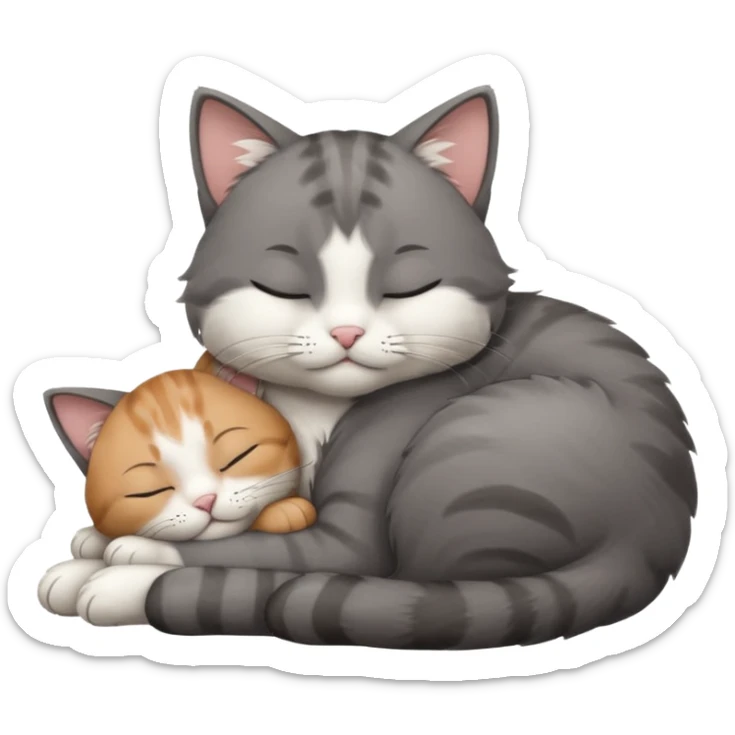 dark grey and white small cat with closed eyes, leaning his head on his paw while leaning on his elbow lying down sticker