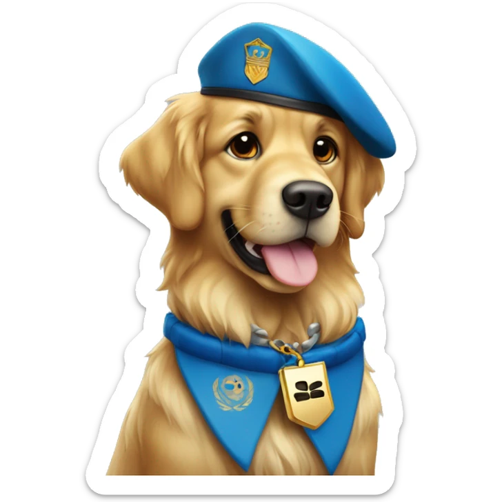 Un Golden Retriever con collar azul al estilo e camuflaje de soldado y su placa dice Ron sticker