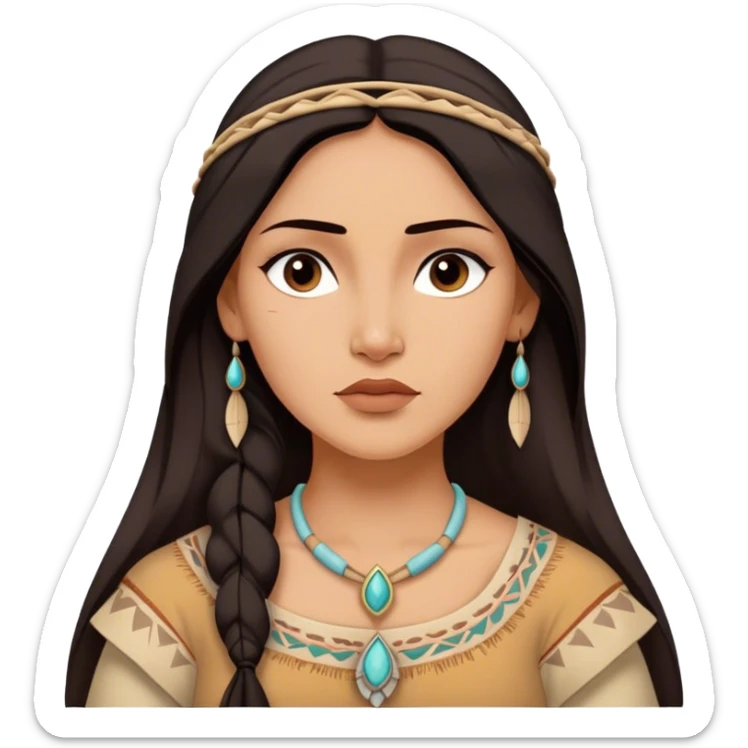 Cinematic Timeless Pocahontas Portrait Emoji, rendered in a realistic, vector style. Depict Pocahontas with warm, glowing skin, naturally flowing dark hair, and a serene, gentle expression, wearing traditional garments in muted earth tones. The design features bold, clean proportions, a soft, inviting glow, and a subtle glowing outline that captures her enduring natural beauty. sticker