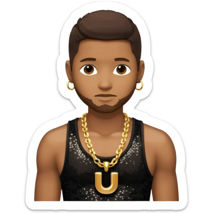 Usher with dark brown hair, black sequin tank top, necklace with letter u sticker